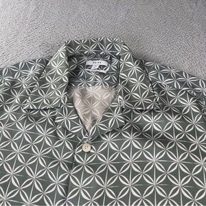 Reiss Tintipan Printed Cuban Collar Shirt Mens XL Green Button Lightweight